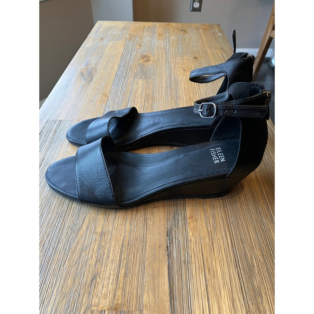 Eileen Fisher Mara Black Tumbled Leather Wedge Sandal Size 9.5 Preppy Dressy - Picture 2 of 9